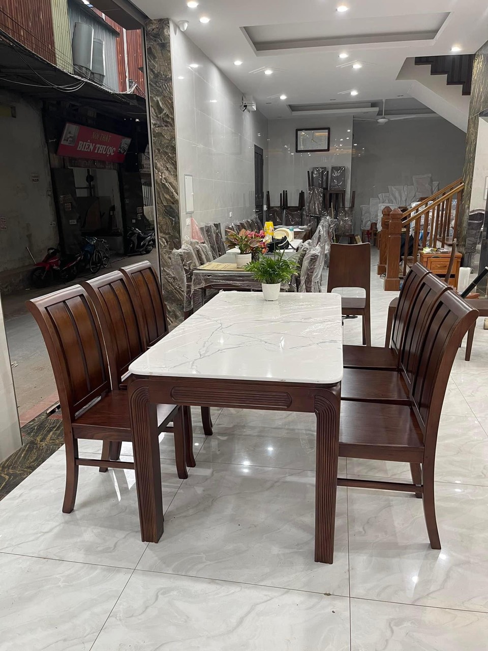  Bàn ghế ăn gỗ sồi mặt đá 6 ghế rộng 1m6